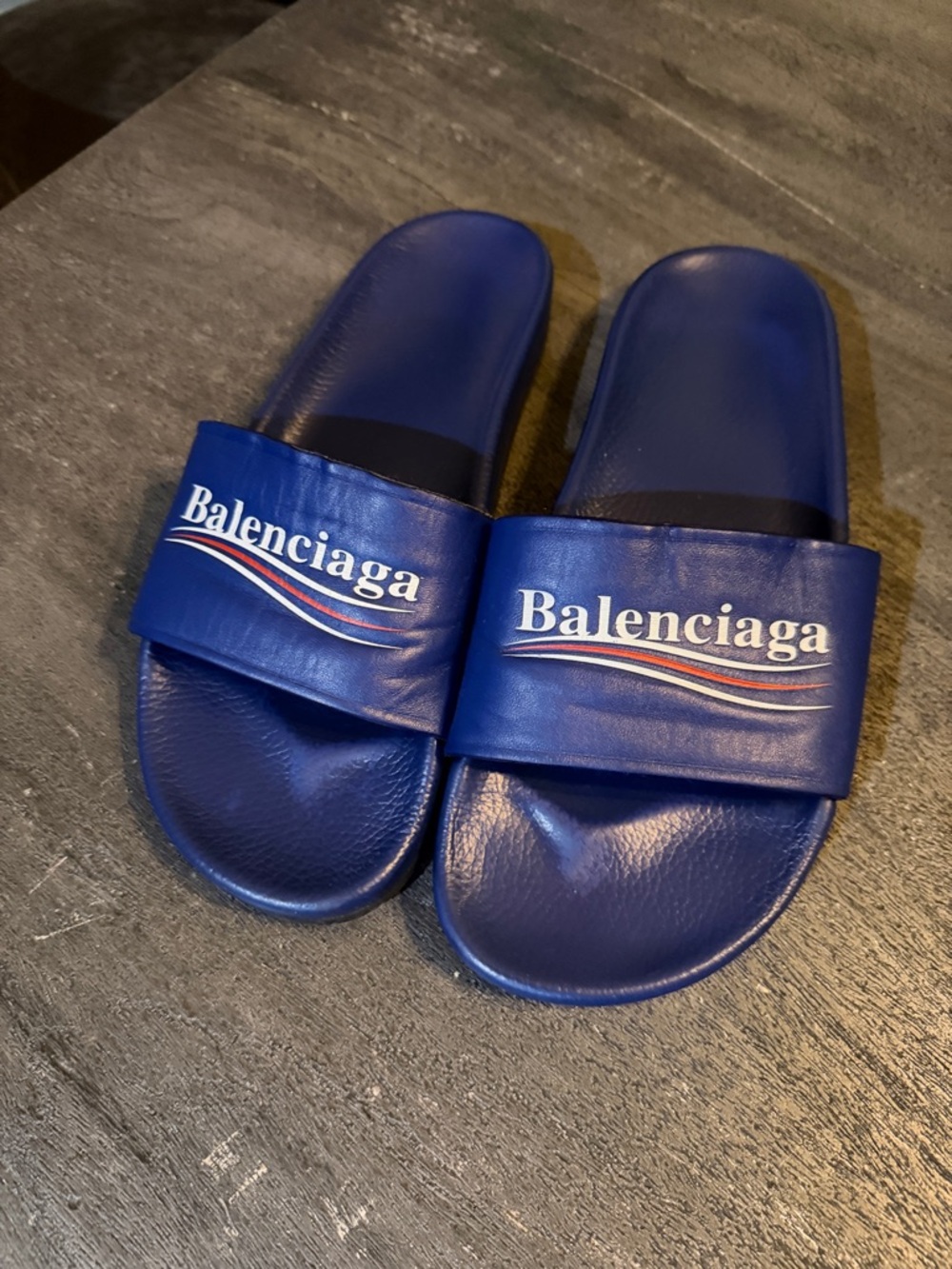 Balenciaga Royal Blue Leather Logo Slide Sandals - Picture 2 of 9